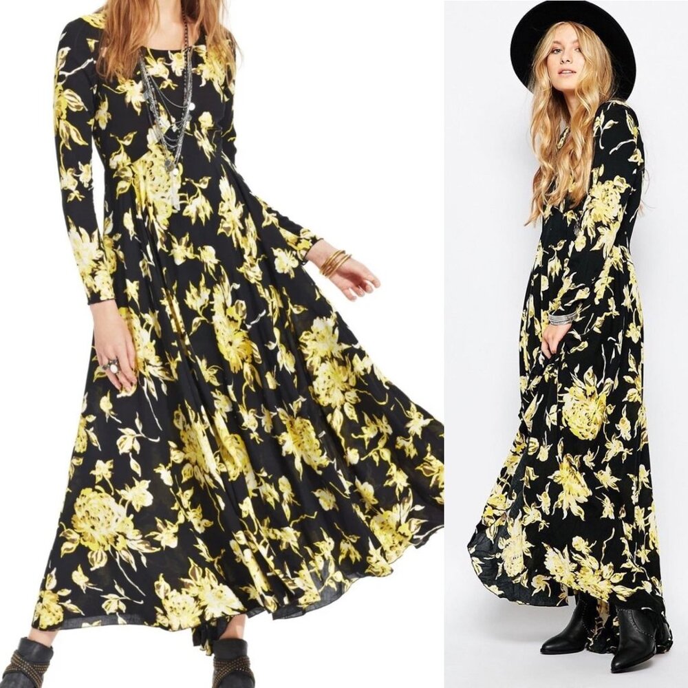 Free People First Kiss Dress Floral Full Skirt Long Sleeves Black Yellow Small‎